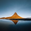 Beautiful aerial view of the Kirkjufell high mountain in Iceland, on the Snaefellsnes peninsula. Sunset Sunrise soft Royalty Free Stock Photo