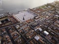 Beautiful aerial view of the Lisbon main square in Portugal. Drone view of Praca do Comercio near the Tagus river with the April Royalty Free Stock Photo