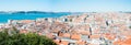 Beautiful aerial view of Lisbon and river on a sunny day. Bridge April 25th in the background. Portugal, Royalty Free Stock Photo