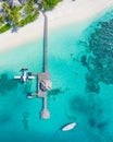 Aerial view of beautiful white sand beach and palm trees. Luxury beach scene of Maldives island Royalty Free Stock Photo