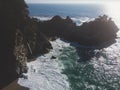 Beautiful aerial view of Mcway Falls with Julia Pfeiffer Beach and Pacific Ocean, Big Sur, Monterey County, California, United Royalty Free Stock Photo