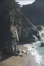 Beautiful aerial view of Mcway Falls with Julia Pfeiffer Beach and Pacific Ocean, Big Sur, Monterey County, California, United Royalty Free Stock Photo