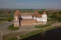 Beautiful aerial view of Medieval Mir castle complex on sunny sp