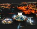 Beautiful aerial view of the Metropolitan Cathedral of Brasilia with night illumination, Brazil
