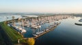 Beautiful aerial view of modern luxury yachts docked in the mari