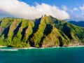 Beautiful aerial view of the Na Pali island in Kauai, Hawaii on a cloudy day background Royalty Free Stock Photo