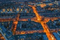 Beautiful aerial view of night Amsterdam city from above, old buildings, streets and architectures