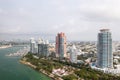 Beautiful aerial view overlooking South Pointe Park and high-rise condominiums on Miami Beach with Government Cut and Meloy Royalty Free Stock Photo