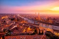 Beautiful aerial view panorama night Verona sunset Italy