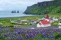 Beautiful aerial view of red Reyniskirkja church