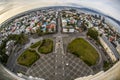 Beautiful aerial view of Reykjavik, Iceland with harbor and skyline mountains and scenery beyond the city, seen from the