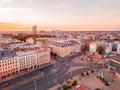 Beautiful aerial view of the Riga town from above during sunset with clock tower, old town and city streets. Royalty Free Stock Photo