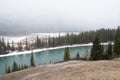 Beautiful aerial view of the river and forest around with snow. Banff National Park, Alberta, Royalty Free Stock Photo