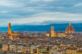 Beautiful aerial view of Santa Maria del Fiore and Palazzo Vecchio during sunset in Florence, Italy...IMAGE Royalty Free Stock Photo