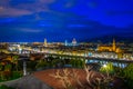 Beautiful aerial view of Santa Maria del Fiore and Palazzo Vecchio during sunset in Florence, Italy...IMAGE Royalty Free Stock Photo