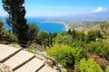 Beautiful aerial view of Sicily coastline. Blue Mediterranean sea and green mountians, Taormina, Sicily island, Italy Royalty Free Stock Photo