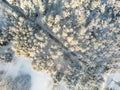 Beautiful aerial view of snow covered pine forests and a road winding among trees. Rime ice and hoar frost covering trees. Scenic Royalty Free Stock Photo