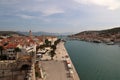 Beautiful aerial view of sunny promenade along the pier of the old Venetian town of Trogir, Croatia