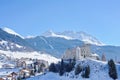 Beautiful aerial view in winter Nauders, Austria with mountains and castle