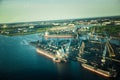 A beautiful aero landscape of Riga and area looking out of a small plane window. Riga, Latvia, Europe in summer. Authentic flying