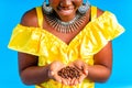 beautiful africa-american woman with yellow turban ower the head showing fresh coffee beand in studio blue baclground