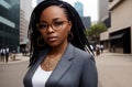 Beautiful african american in business suit on background of metropolitan. Elegant black woman in classic style in