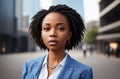 Beautiful african american in business suit on background of metropolitan. Elegant black woman in classic style in