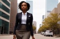 Beautiful african american in business suit on background of metropolitan. Elegant black woman in classic style in