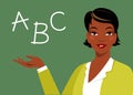 Beautiful african american ethnic woman teacher near blackboard