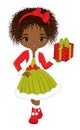 Beautiful Black Girl Holding Christmas Gift Box. Vector Christmas Girl Royalty Free Stock Photo