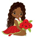 Beautiful Cute African American Girl Holding Bouquet of Red Poppies. Vector Black Girl with Poppies Royalty Free Stock Photo