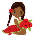 Beautiful Cute African American Girl Holding Bouquet of Red Poppies. Vector Black Girl with Poppies Royalty Free Stock Photo