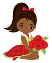 Beautiful Cute African American Girl Holding Bouquet of Red Poppies. Vector Black Girl with Poppies Royalty Free Stock Photo