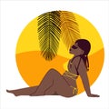 Beautiful african american plus size model tans in yellow bikini. Vector flat illustration isolated on white background. Royalty Free Stock Photo