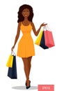 Beautiful African American woman with bags. Attractive cartoon girl in beautiful yellow dress on a shopping spree.