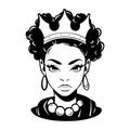 Beautiful african american woman with curly hairstyle and crown. Black silhouette, cartoon style. Isolated on white background. Royalty Free Stock Photo