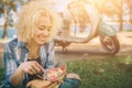 Of Beautiful African American Woman Eating Salad. Lunch, food on the street Royalty Free Stock Photo