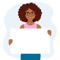 Beautiful african american woman in glasses holding a blank sign, billboard. Flat style illustration Royalty Free Stock Photo