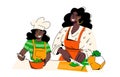 Black beautiful woman cooking with kid. Time with your child. Cooks together. Girl in chef's hat. Vector illustration on