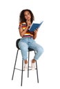 Beautiful African- woman reading book on white background Royalty Free Stock Photo