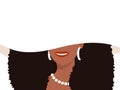 Beautiful african american woman in wide hat banner. Stylish beauty with black luxurious hair with pearl necklace.