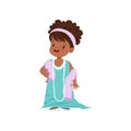 Beautiful african girl wearing dult oversized light blue dress and beads, kid pretending to be adult vector Illustration