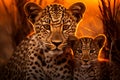 Beautiful african savannah sunset illuminating family of leopards in stunning natural scene Royalty Free Stock Photo