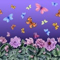 Beautiful African violet flowers and flying butterflies on purple background. Seamless floral pattern. Watercolor painting. Royalty Free Stock Photo