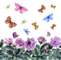 Beautiful African violet flowers and flying butterflies on white background. Seamless floral pattern. Watercolor painting.