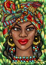 Beautiful african woman in colorful headwrap ornamental ethnic portrait illustration