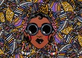 Beautiful African woman in cool urban style with ethnic elegant geometric glasses, earrings on a rythmic background. Royalty Free Stock Photo