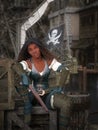 Beautiful African woman pirate sitting on a crate on the dock holding a pistol with her ship in the background. 3D rendering