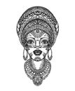 Beautiful african woman in turban. Hand drawn vector illustration with traditional decorative elements