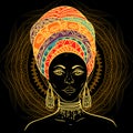 Beautiful African woman in turban over ornate mandala round pattern.